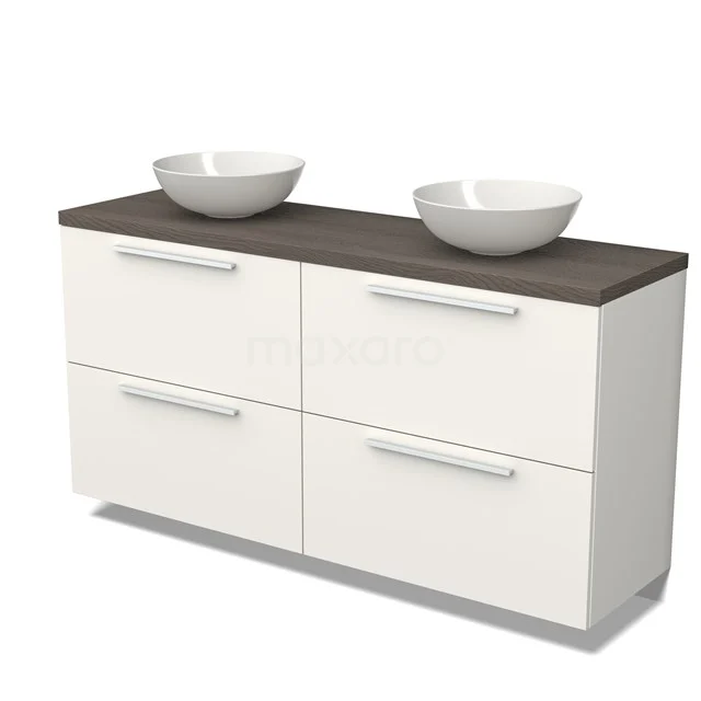 Badmöbel für Aufsatzwaschbecken 160cm Modulo Plato Matt Weiß 4 hohe Schubladen Flach dunkelbraune Eiche Platte BMK14-00518 Weißes Badezimmermöbel mit Holzlook Platte und Doppelwaschbecken, ausgestattet mit vier Schubladen und modernen silberfarbenen Haltegriffen.