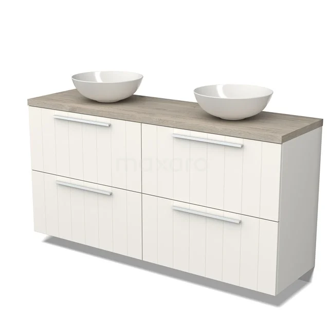 Modulo Plato Vanity units for countertop basin | 160 cm Matte white Slat front Light grey oak worktop 4 high drawers BMK14-00522 White bathroom unit with wood-look worktop, double drawers and four drawers, ideal for stylish bathroom storage.