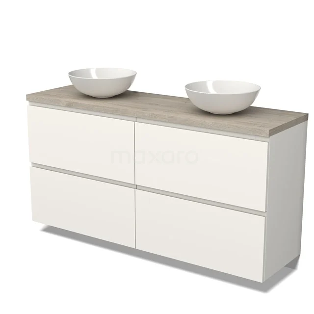 Moderne witte badkamermeubel met houten blad en dubbele keramische waskommen, strak design voor eigentijdse badkamers.