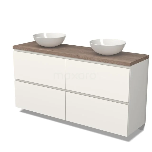 Wit badkamermeubel met vier lades, houten blad en dubbele waskommen, modern design voor stijlvolle badkamer inrichting.