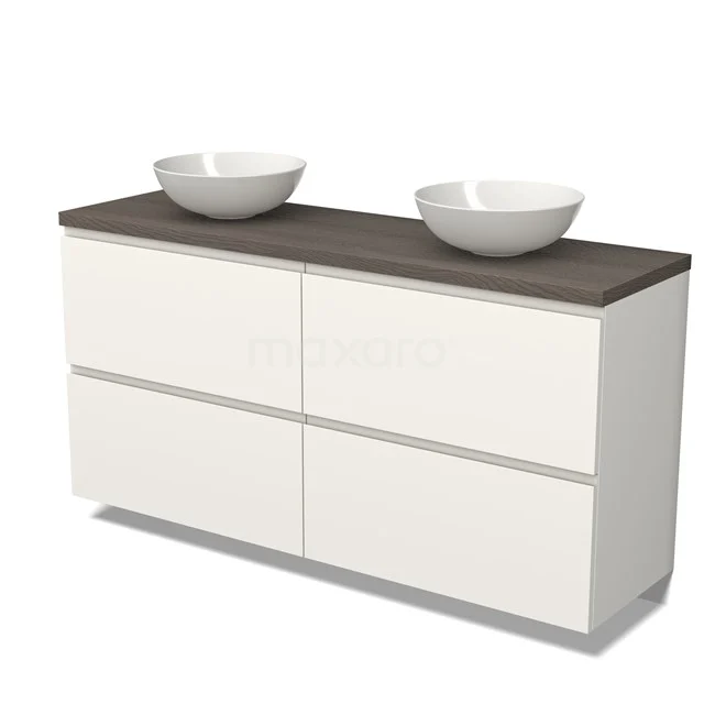 Weißes Badezimmermöbel mit Doppelwaschbecken und einer dunklen Holzplatte, modernes Design mit klaren Schubladen.