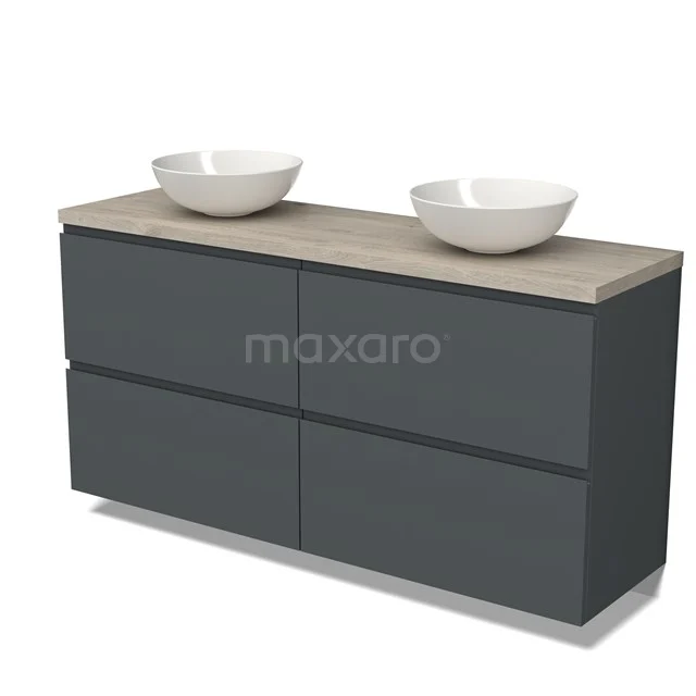 Modulo Plato Vanity units for countertop basin | 160 cm Dark grey Handle-less front Light grey oak worktop 4 high drawers BMK14-00550