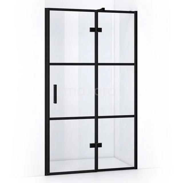 Moderne Duschtür mit schwarzem Metallrahmen, Klarglas und industriellem Look, perfekt für eine stilvolle Badezimmerinrichtung.