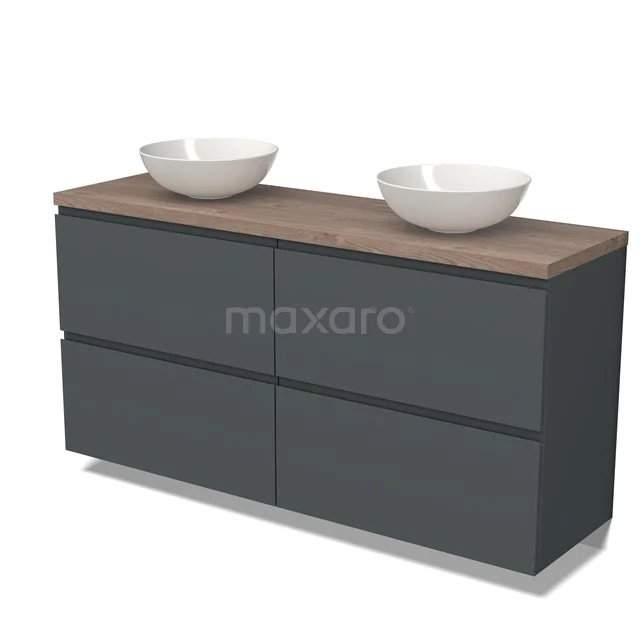 Modulo Plato Vanity units for countertop basin | 160 cm Dark grey Handle-less front Mid brown oak worktop 4 high drawers BMK14-00552