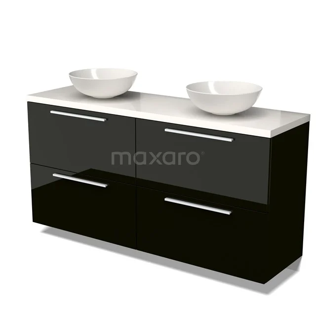 Schwarz Badmöbel mit Hochglanzoberfläche, doppelten weißen Waschbecken und chromfarbenen Haltegriffen, modernes und stilvolles Design.