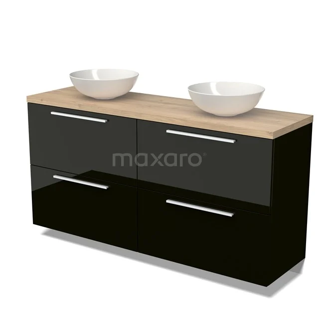 Modulo Plato Badmöbel mit Aufsatzwaschbecken | 160 cm Hochglanz Schwarz Flach front Hellbraune Eiche blatt 4 hohe Schubladen BMK14-00558 Schwarzes Hochglanz-Badmöbel mit Holzplatte und zwei weißen Aufsatzwaschbecken, moderner Stil und geräumigen Schubladen.