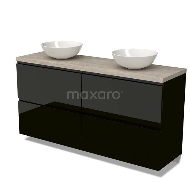 Schwarz glänzendes Badmöbel mit doppelten Aufsatzwaschbecken und einer hellen Eichen Platte, modernes Design aus der LuxeLine-Serie.