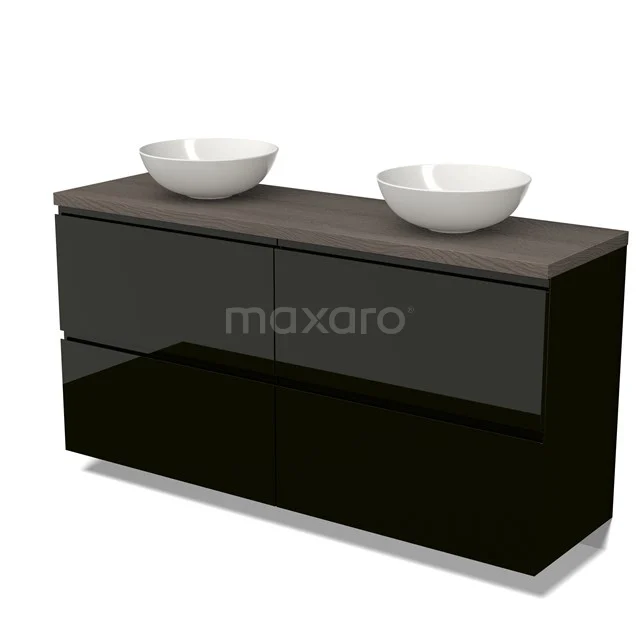 Modulo Plato Badkamermeubel voor waskom | 160 cm Hoogglans zwart Greeploos front Donkerbruin eiken blad 4 hoge lades BMK14-00574