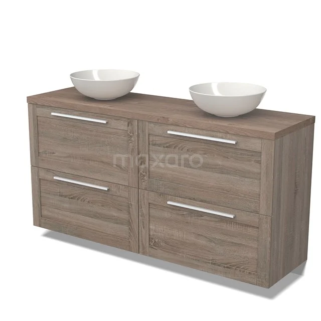 Wooden bathroom unit with double countertop wash basins, modern design, four drawers, and sleek silver handles.
