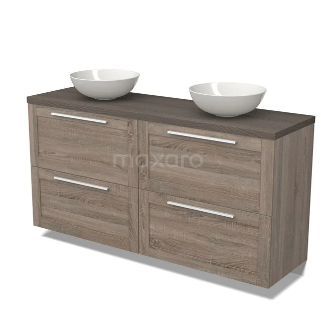 Moderne Badmöbelset in Holzoptik mit dunkler Platte, vier Schubladen und doppelten weißen Waschbecken.