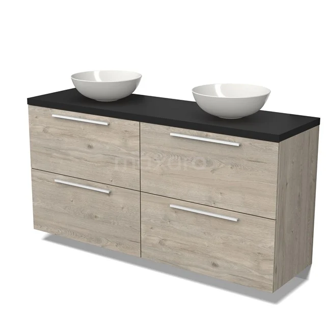 Badmöbel für Waschtischunterschrank mit Konsole 160cm Modulo Plato Hellgraue Eiche 4 hohe Schubladen Flach Matt Schwarz Platte BMK14-00589 Hölzernes Badezimmermöbel mit doppeltem Aufsatzwaschbecken, schwarzer Platte, vier Schubladen und modernen Haltegriffen, ideal für ein stilvolles Badezimmer.