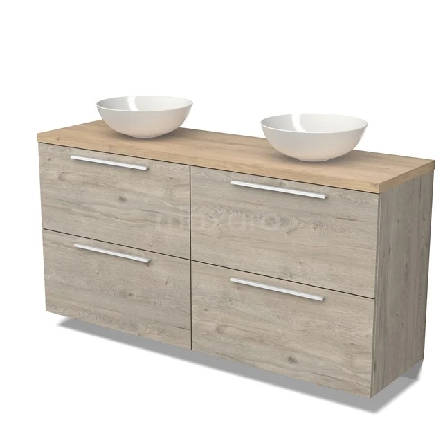 Holz Badezimmermöbel mit vier Schubladen, natur Eiche Ausstrahlung, doppelte weiße Aufsatzwaschbecken und moderne Haltegriffe.