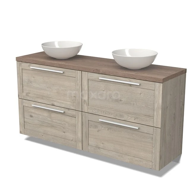 Modulo Plato Vanity units for countertop basin | 160 cm Light grey oak Frame front Mid brown oak worktop 4 high drawers BMK14-00601 Wooden bathroom unit with vanity units with basin, 4 drawers and shelf made of oak in modern, natural style.