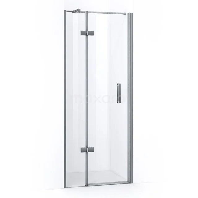 Glass shower door with chrome trim, swing door design, ideal for modern bathroom; clear glass, sleek and minimalist.