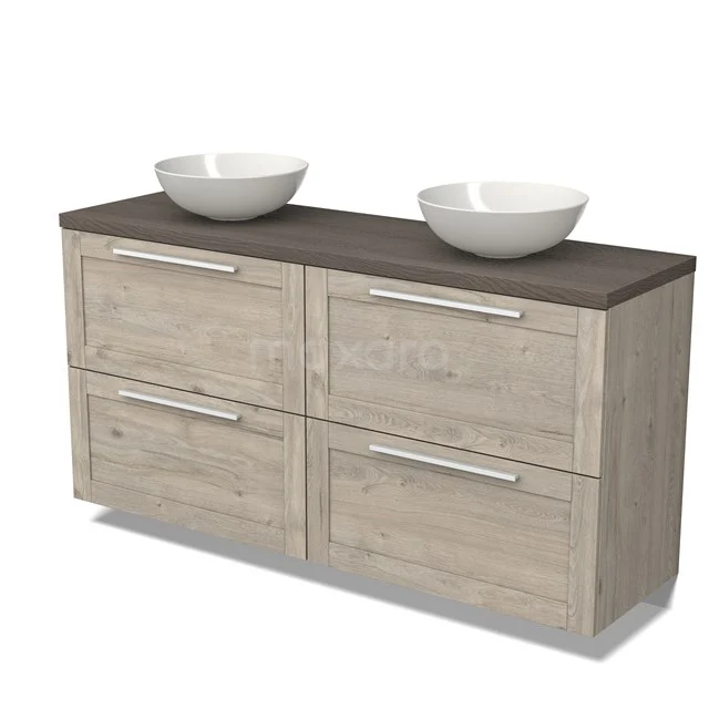 Wooden bathroom unit with dark worktop, double basin and four drawers, ideal for modern bathroom design.