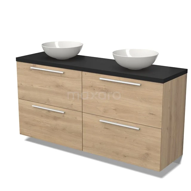 Modulo Plato Badmöbel mit Aufsatzwaschbecken | 160 cm Hellbraune Eiche Flach front Matt Schwarz blatt 4 hohe Schubladen BMK14-00603 Hölzernes Badezimmermöbel mit schwarzer Platte, doppelten keramischen Aufsatzwaschbecken und vier Schubladen für Stauraum.