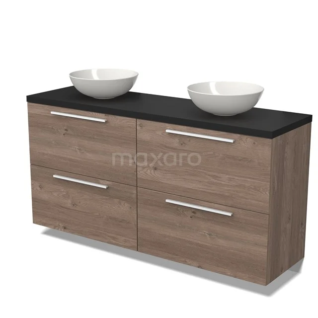 Doppelwaschbeckenmöbel mit Holzoptik, schwarzer Oberfläche und zwei weißen Aufsatzwaschbecken; stilvolles Badezimmerdesign.