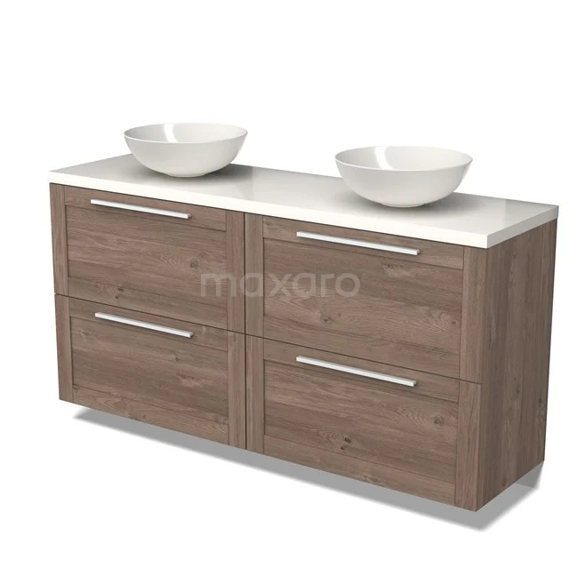Wooden bathroom unit with double basin, oak-look chest of drawers and white countertop wash basins, ideal for modern bathrooms.