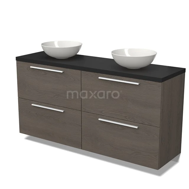 Holz-Badmöbel mit dunkler Platte, Doppelwaschbecken und vier Schubladen, modernes Design, ideal für geräumige Bäder.