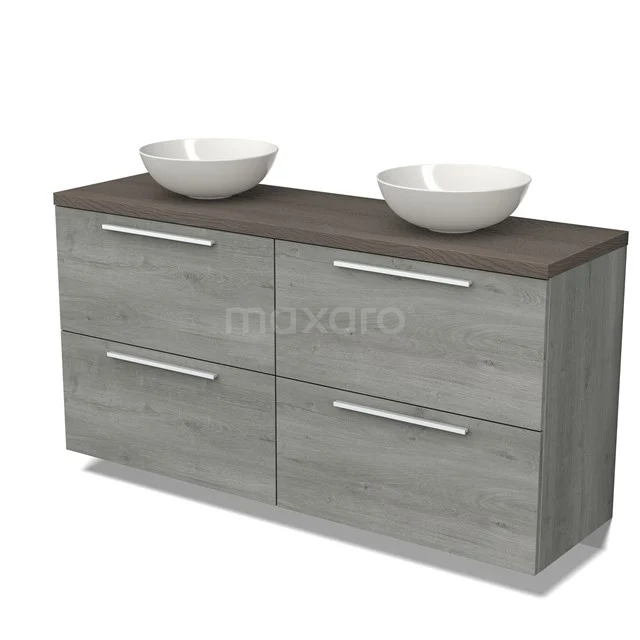 Modulo Plato Vanity units for countertop basin | 160 cm Grey oak Flat front Dark brown oak worktop 4 high drawers BMK14-00651 Grey bathroom furniture set with wood look, four drawers and double white countertop wash basins, ideal for modern bathroom design.