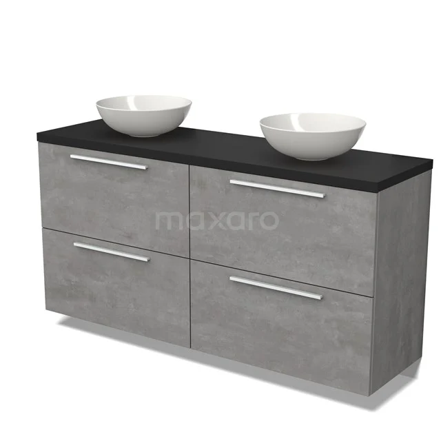 Grey bathroom cabinet with double sink, concrete-look finish, modern design and spacious storage drawers.