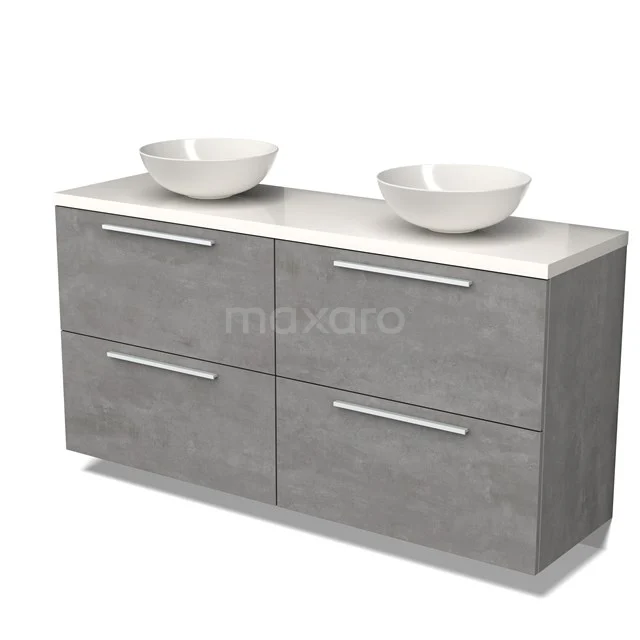 Graue Badmöbelset mit Doppelwaschbecken, modernem Betonlook, vier Schubladen und Chromgriffen, ideal für stilvolle Bäder.
