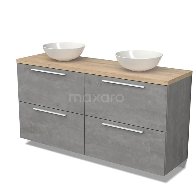 Graue Badmöbelset mit Holzlook Platte, Doppelwaschbecken und vier Schubladen, modernes Design für stilvolle Bäder.