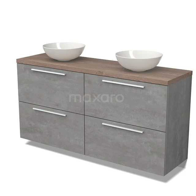 Grauer Badschrank mit Holzlook Platte, Doppelwaschbecken und schlichten Haltegriffen; moderner Stauraum für das Badezimmer.