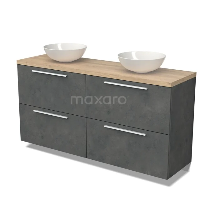 Modulo Plato Vanity units for countertop basin | 160 cm Dark grey concrete Flat front Light brown oak worktop 4 high drawers BMK14-00670