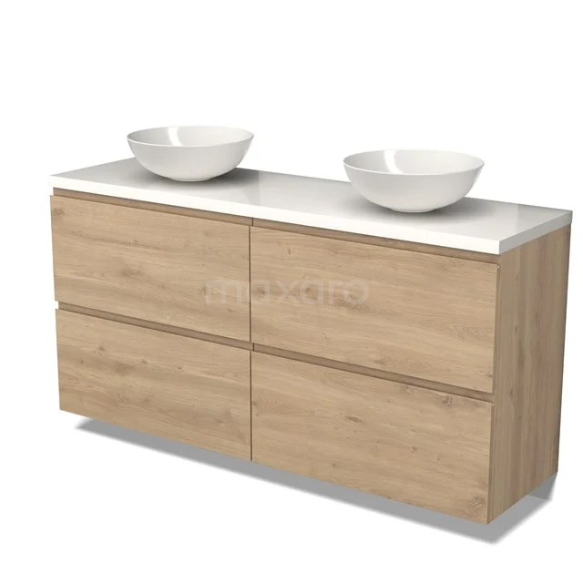 Modulo Plato Badmöbel mit Aufsatzwaschbecken | 160 cm Hellbraune Eiche Grifflos front Hochglanz Weiß blatt 4 hohe Schubladen BMK14-00716 Holz-Waschtisch mit doppelten Aufsatzwaschbecken, Eiche-Optik, schlichtes Design, ideal für ein modernes Badezimmer.