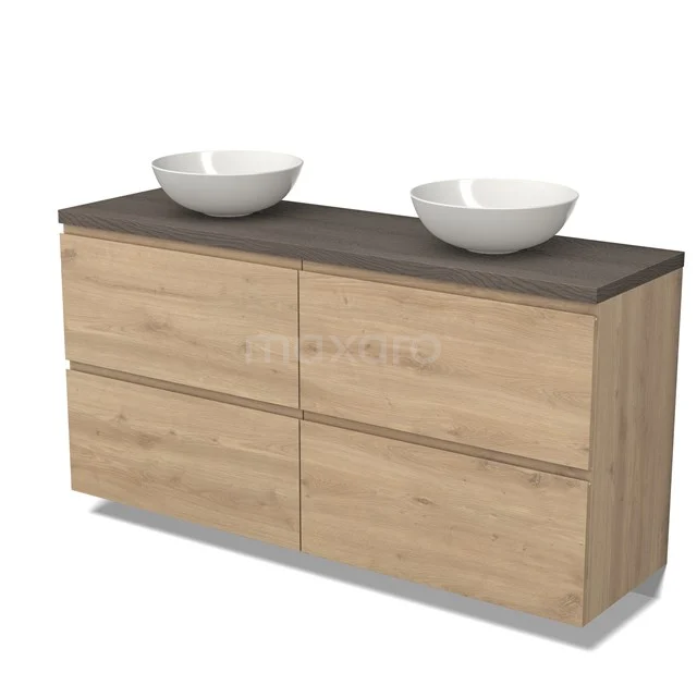 Holz Badezimmermöbel mit Doppelwaschbecken, hell Eiche mit dunkler Platte, modernes Design, ideal für ein stilvolles Badezimmer.