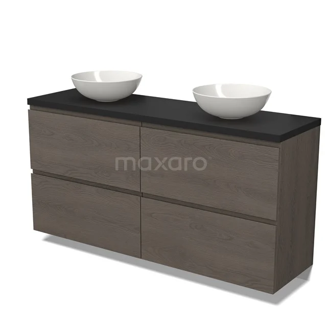 Holz Badezimmermöbel mit dunkler Platte, doppelten weißen Aufsatzwaschbecken und vier Schubladen, modernes Design.