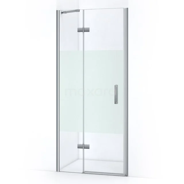 Glas Duschtür mit Aluminiumrahmen, Scharnieren, Milchglasdetail und modernem Design für ein modernes Badezimmer.