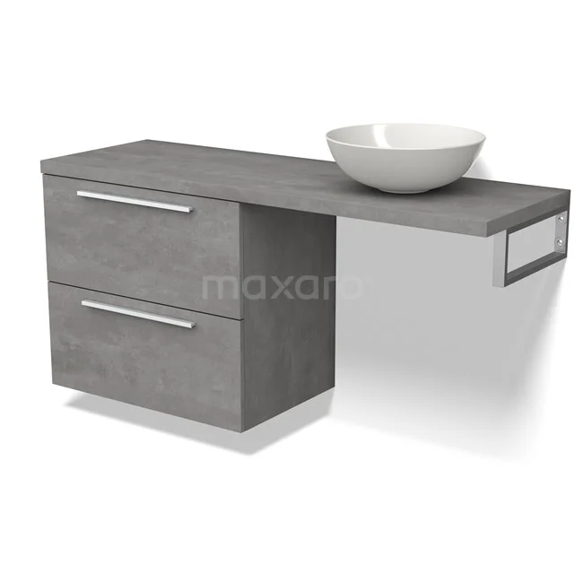 Grijs hout-look wastafelmeubel met twee lades en een witte komvormige wastafel, ideaal voor moderne badkamerinrichting.