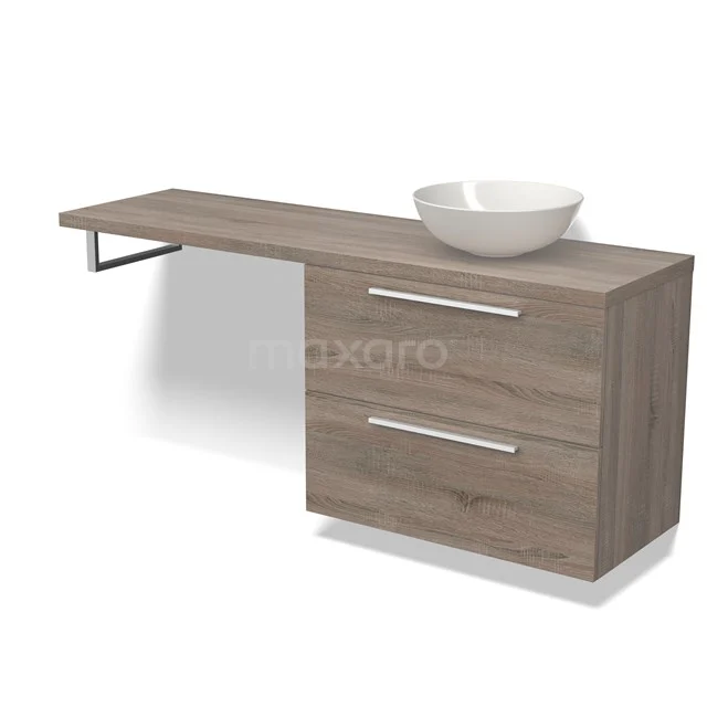 Badmöbelunterschrank mit Konsole 160 cm Modulo Plato Eiche 2 Schubladen Flach BMKSPC-00013 Holz-Badmöbel mit schwebendem Regal, Schubladenelement und weißem Aufsatzwaschbecken, hergestellt aus hochwertigem Eichenfurnier.