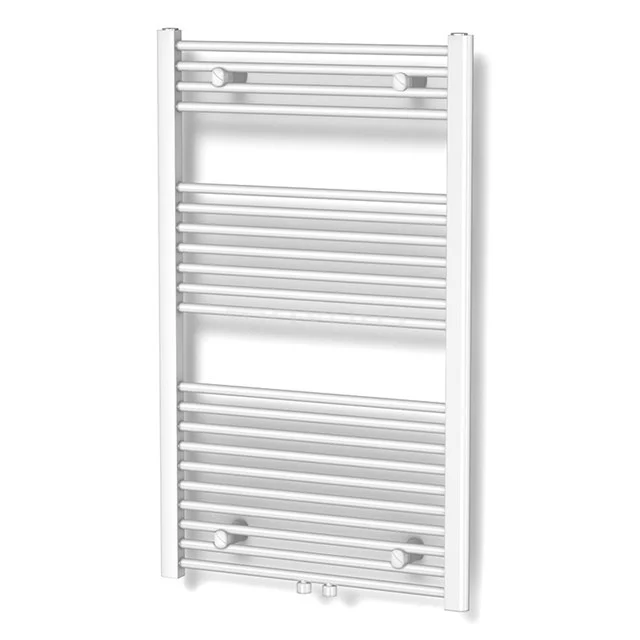 Weiße, stählerne Handtuchheizkörper mit horizontalen Streben, ideal zum Trocknen und Erwärmen von Handtüchern im Badezimmer.