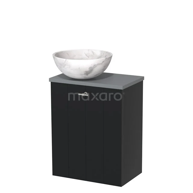Black bathroom unit with grey Basin worktop and white marble basin, ideal for a stylish and modern bathroom.
