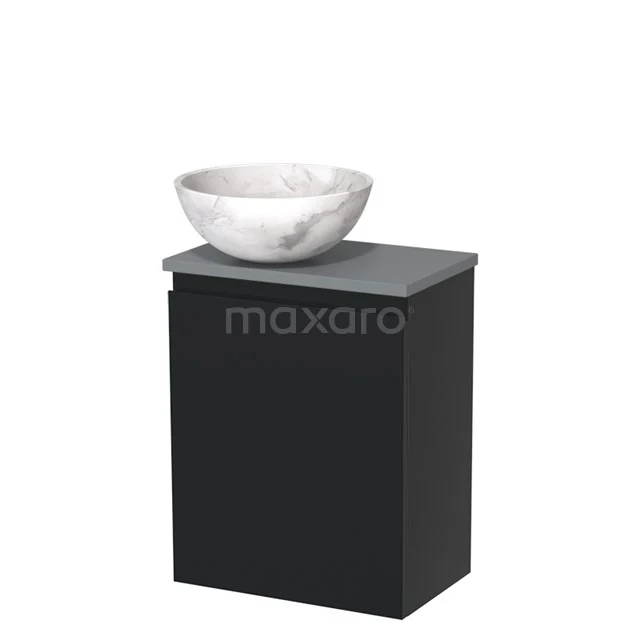 Toiletmeubel met waskom | 41 cm Mat zwart Greeploos front Wit marmer Natuursteen waskom Middengrijs blad TMK10-09649