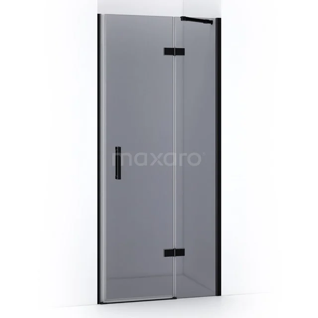 Black, glass shower door with matte black hinges and Handle, ideal for modern bathroom style and space saving.