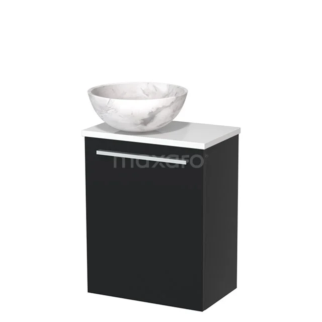 Schwarzer Badschrank mit Waschbecken in weißer Marmoroptik, elegantes Design und Softclose-Tür, ideal für ein modernes Badezimmer.