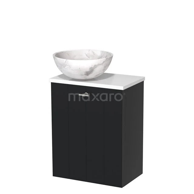 Zwarte badkamerkast met witte marmeren waskom, compact design, ideaal voor moderne badkamers.
