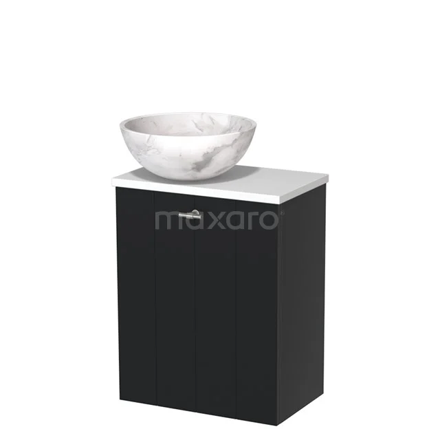 Zwarte badkamerkast met witte marmeren waskom, minimalistisch design, geschikt voor moderne badkamers.