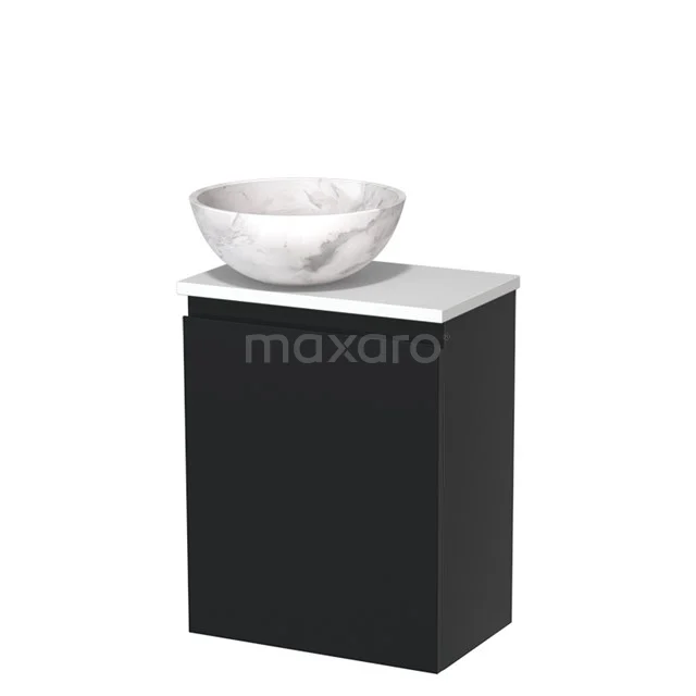 Zwart badkamermeubel met marmeren waskom, strak design, compact formaat, ideaal voor moderne badkamerinrichting.