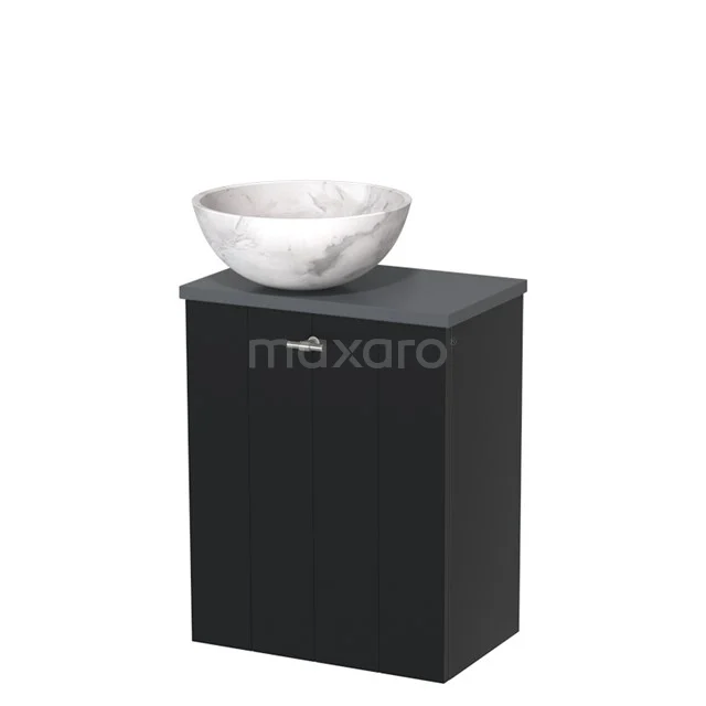 Schwarzer Badschrank mit weißem rundem Marmor Aufsatzwaschbecken, modernes Design, ideal für eine stilvolle Badezimmergestaltung.
