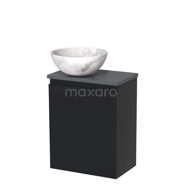 Zwarte badkamerkast met grijze marmeren waskom, modern design, ideaal voor stijlvolle badkameropslag en decoratie.