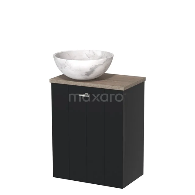 Zwarte badkamerkast met houtlook blad en witte marmeren waskom, compact design voor stijlvolle badkameropslag.