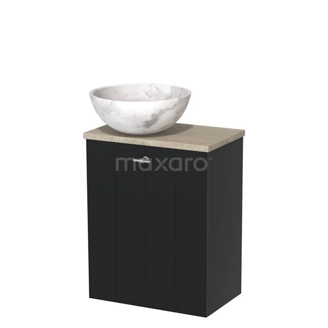 Zwart badkamermeubel met houtlook blad en ronde marmeren waskom, modern design voor stijlvolle badkamerinrichting.