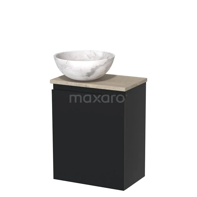Toiletmeubel met waskom | 41 cm Mat zwart Greeploos front Wit marmer Natuursteen waskom Lichtgrijs eiken blad TMK10-09680
