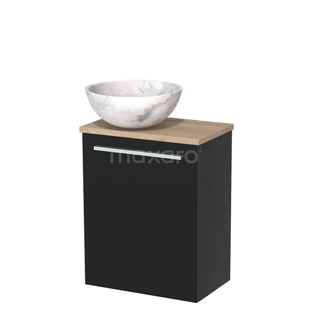 Zwart badkamermeubel met houten blad en witte keramische waskom, een stijlvol en compact design voor moderne badkamers.