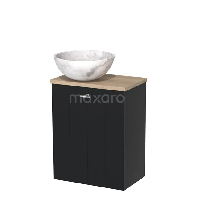 Zwart badkamerkastje met houtlook blad en ronde witte wastafel van keramiek, ideaal voor moderne badkamers.
